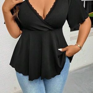 SHEIN Black Lace-Trim Wrap Peplum Top 2x